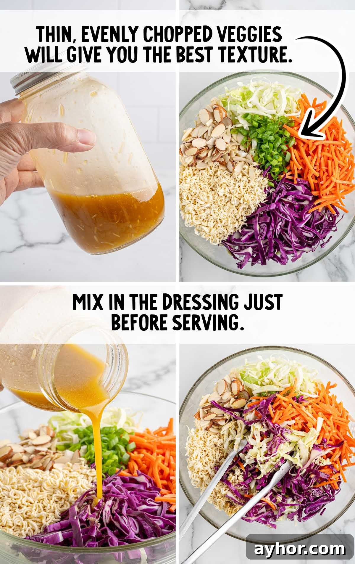 Crunchy Japanese Ramen Noodle Salad with Sesame-Ginger Dressing 5 Step-by-step prep shots of ramen noodle salad showing chopped vegetables and dressing being added