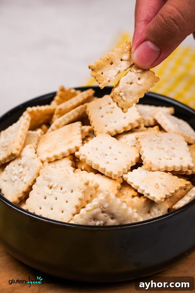 Crispy Homemade Gluten-Free Crackers 3 A close-up of a hand holding a broken gluten-free cracker above a black bowl filled with square sesame-topped crackers.