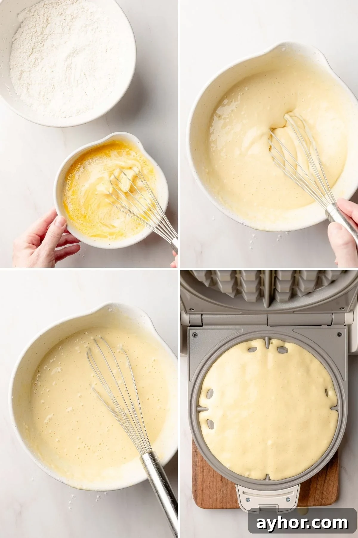 Ingredients for gluten-free waffles measured into small white bowls on a marble surface, including gluten-free flour blend, eggs, oil, milk, sugar, vanilla extract, baking powder, and salt.