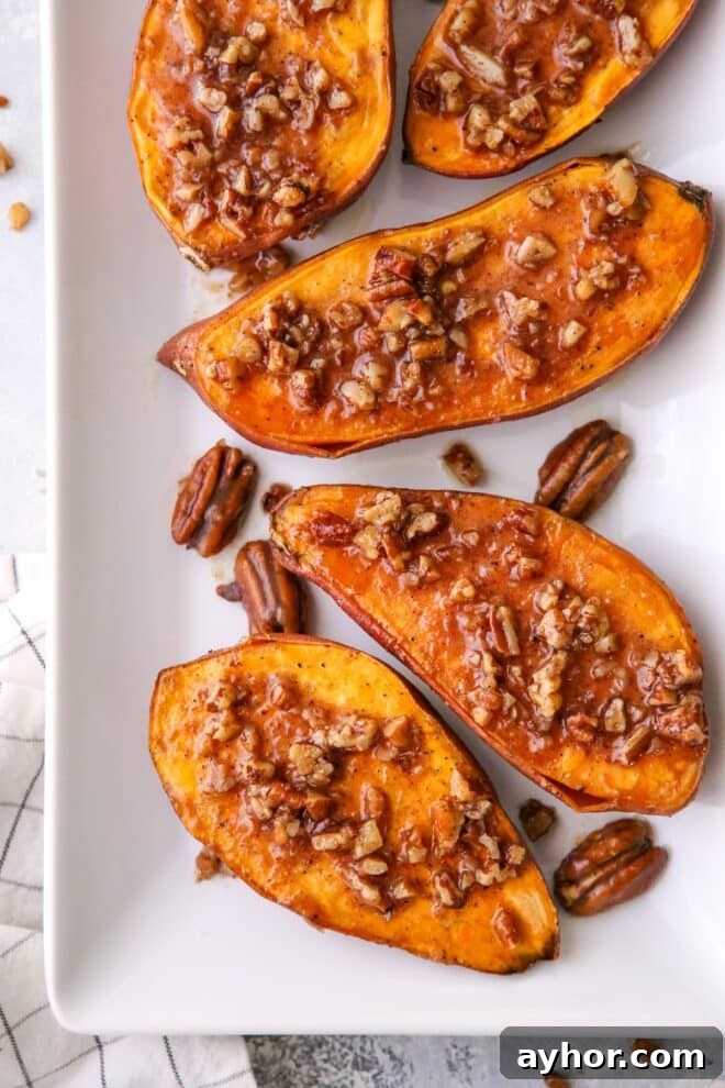 These roasted sweet potatoes with maple pecan sauce are the ultimate sweet and savory side dish!