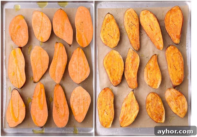 Roasted sweet potatoes, before and after