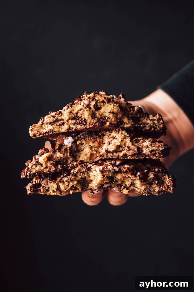 Three half cookies stacked on top of each other being held up against a black background.