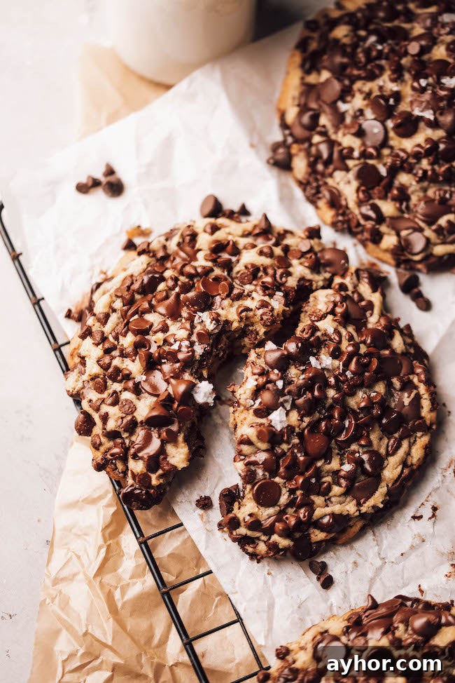 Giant chocolate chip cookie on parchment paper and a cooling rack, cookie broke in half