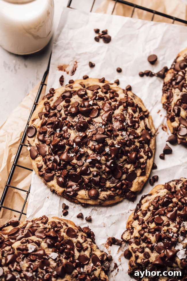 giant chocolate chip cookies on a parchment paper lined cooling rack with extra chocolate chips and flaky salt