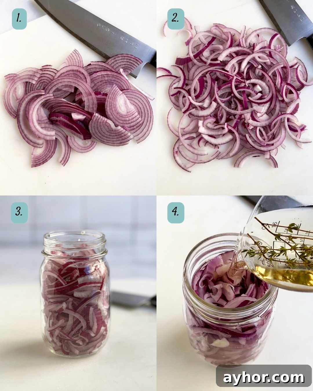 Process collage showing slicing of red onion, placing in jar and adding pickling liquid.