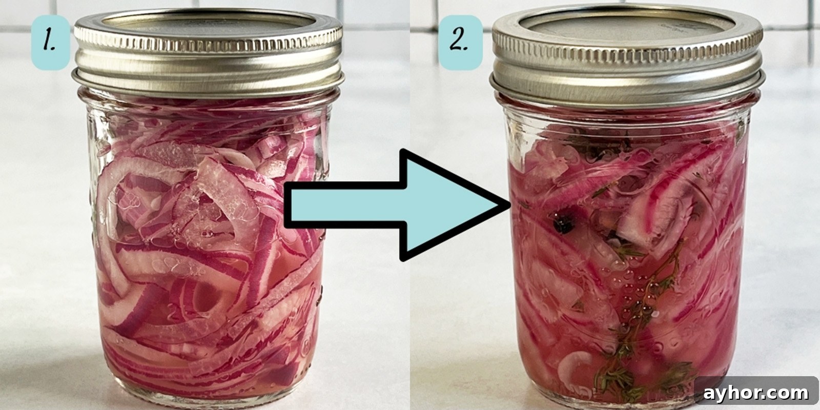 Process shot showing pickled red onions in the jar at the start of pickling and an hour in.