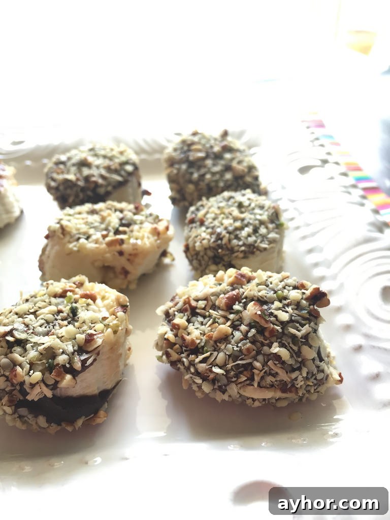 Frozen Chocolate-and-Hemp-Smothered Banana Bites via LizsHealthyTable.com Frozen Chocolate-and-Hemp-Smothered Banana Bites via LizsHealthyTable.com