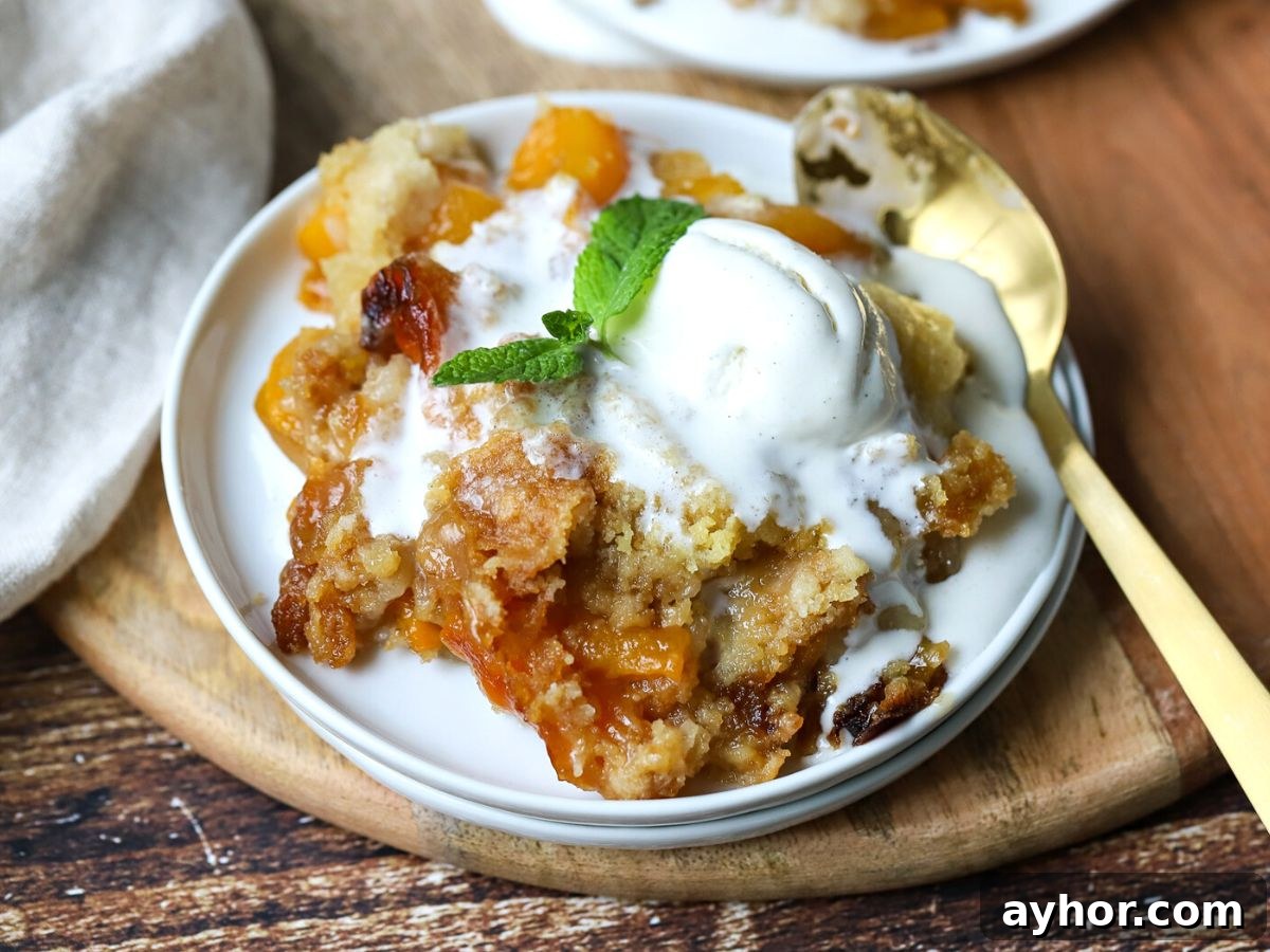 Slow-Cooker Peach Cobbler Recipe: Juicy Homemade Dessert 2 peach cobbler on a plate with ice cream.
