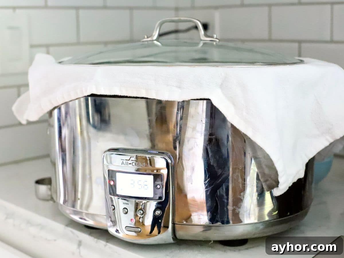 Slow-Cooker Peach Cobbler Recipe: Juicy Homemade Dessert 7 crock pot with dish towel under the lid.