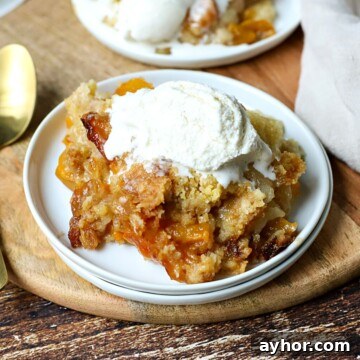 Slow-Cooker Peach Cobbler Recipe: Juicy Homemade Dessert 10 slow cooker peach cobbler on a plate with ice cream.