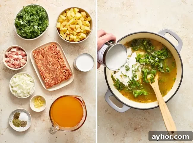 Ingredients for zuppa toscana in small bowls and then partially cooked soup in a stockpot.