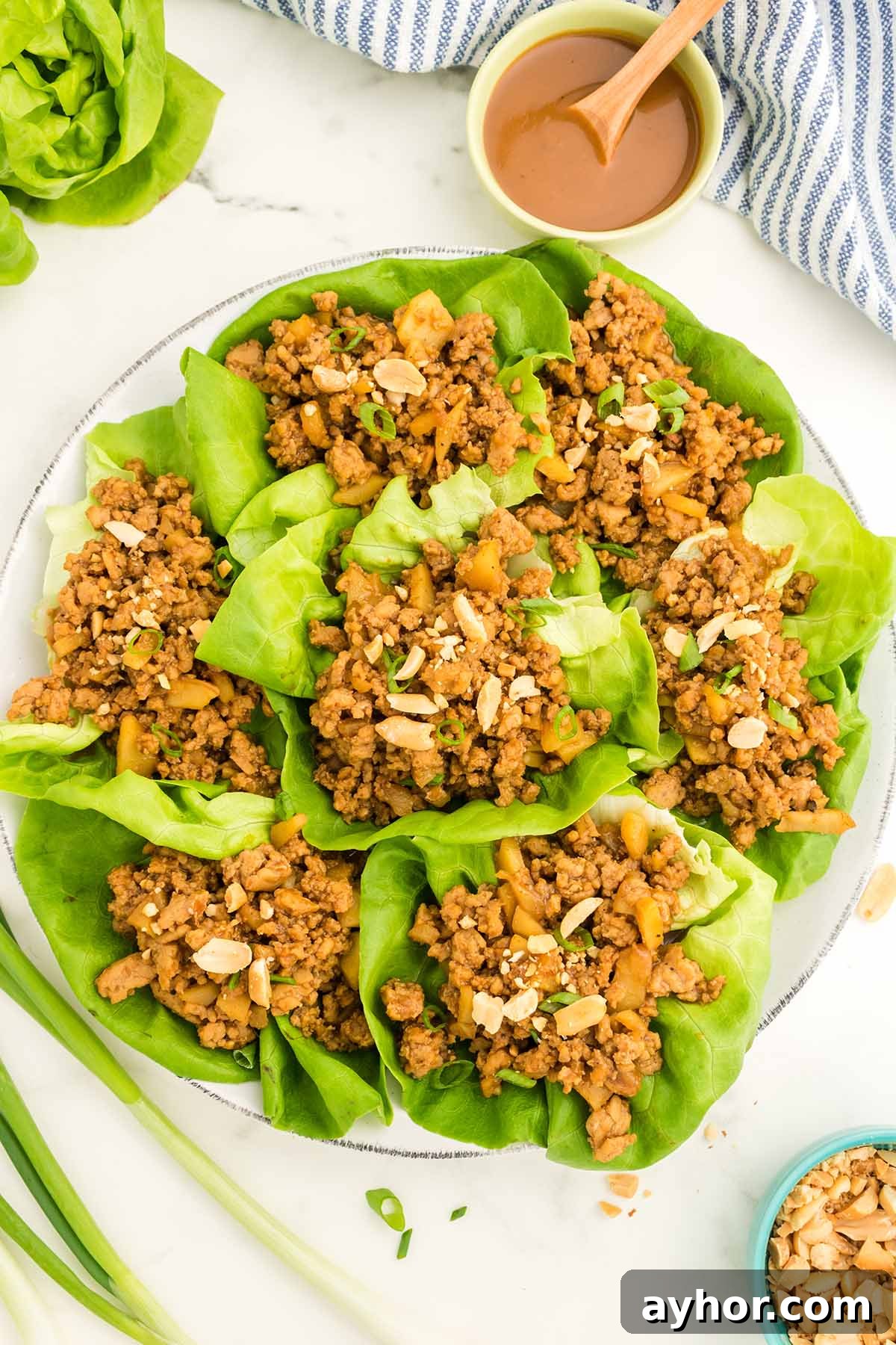 Savory Chicken Lettuce Wraps Recipe with Ginger and Soy 2 chicken lettuce wraps on a plate.