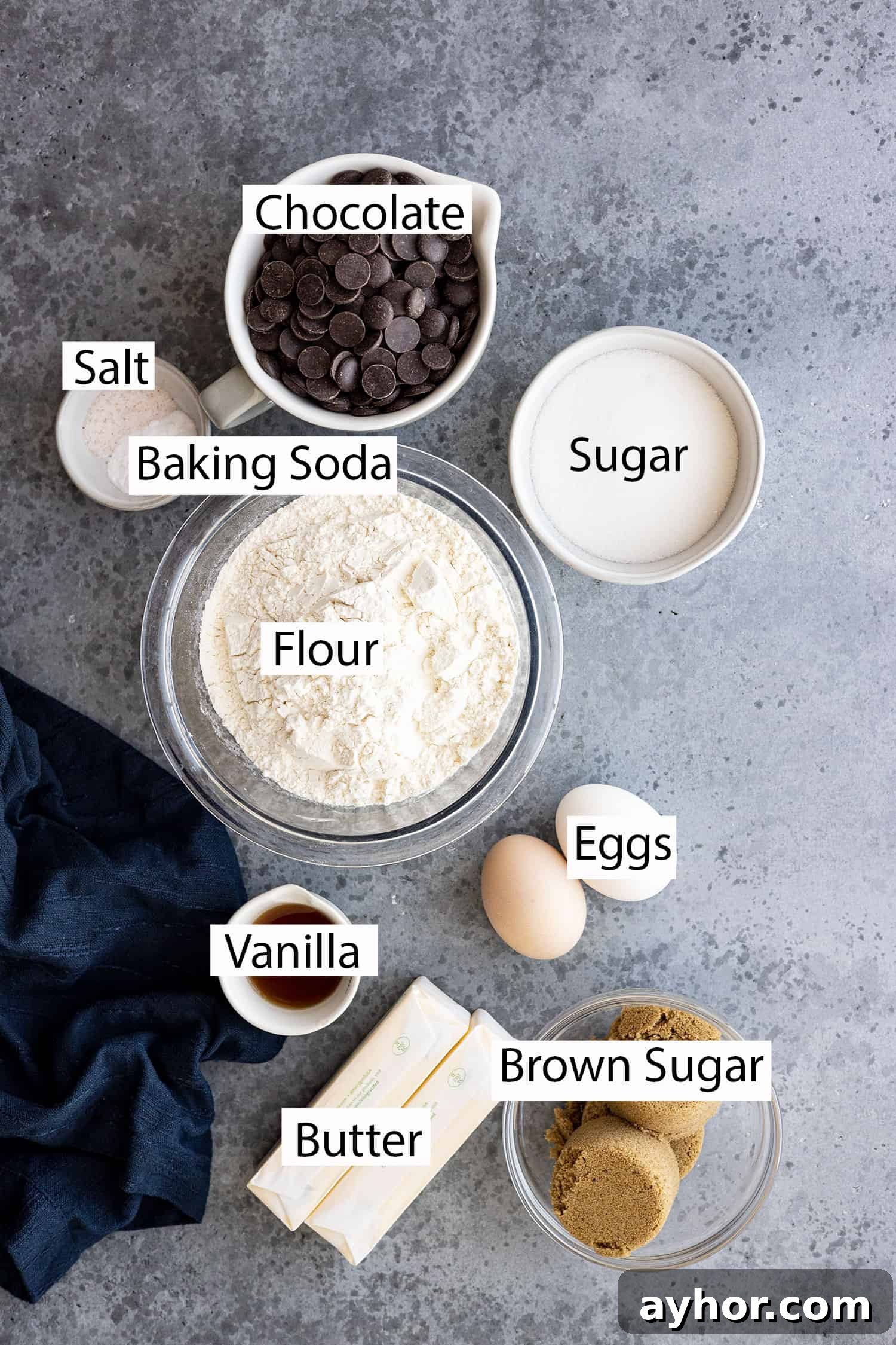 Ingredients: flour, sugar, brown sugar, salt, baking soda, eggs, vanilla, butter, and chocolate. 
