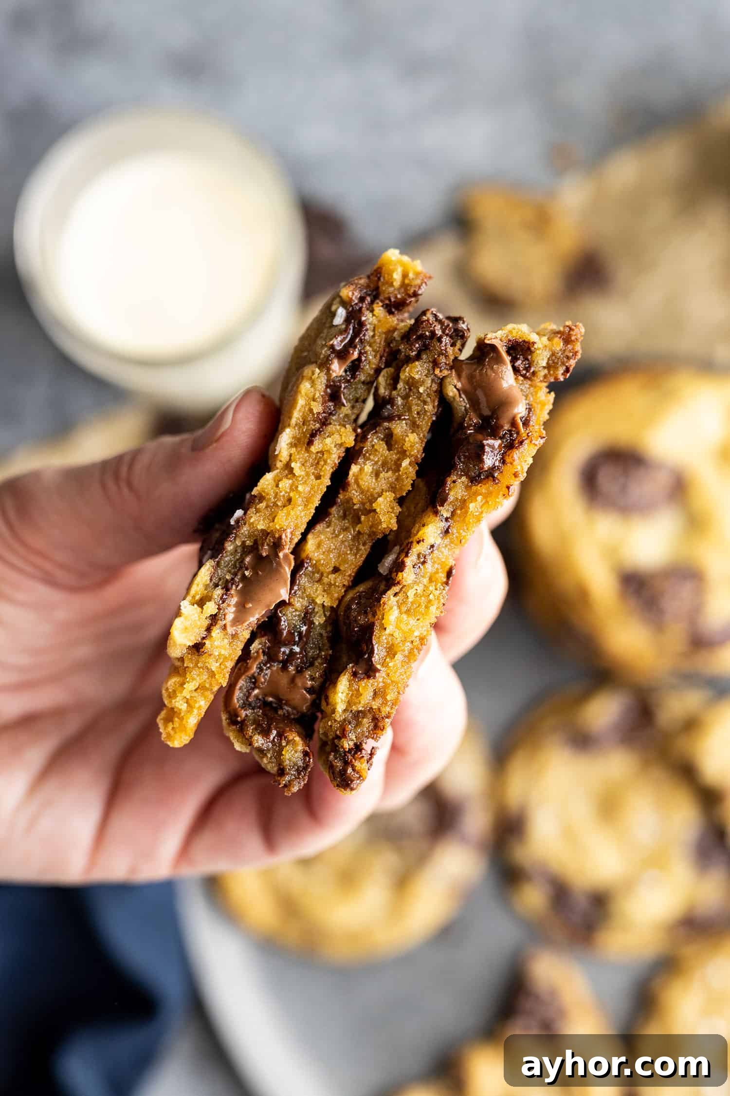 A hand holding cookies broken in half to show the thickness of the cookies and the inside. 