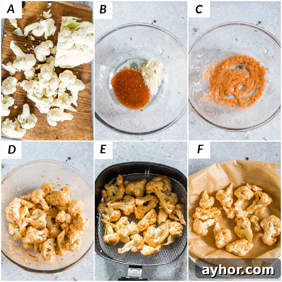 Crispy Air-Fryer Cauliflower Wings with Spicy Dipping Sauce 5 image collage showing the steps for making cauliflower wings air fryer