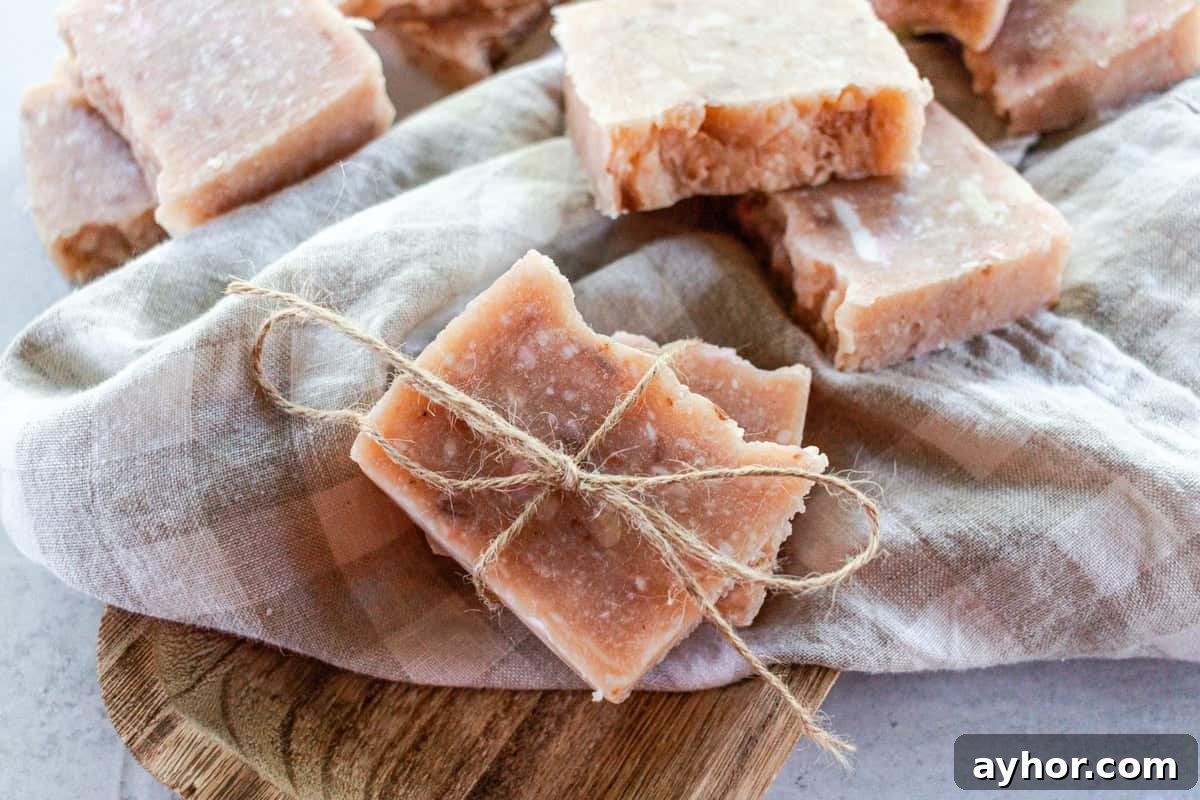 Pink rebatch soap on a linen towel tied with twine.