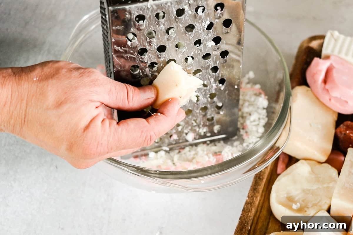 Shredding soap bars with a box grater.