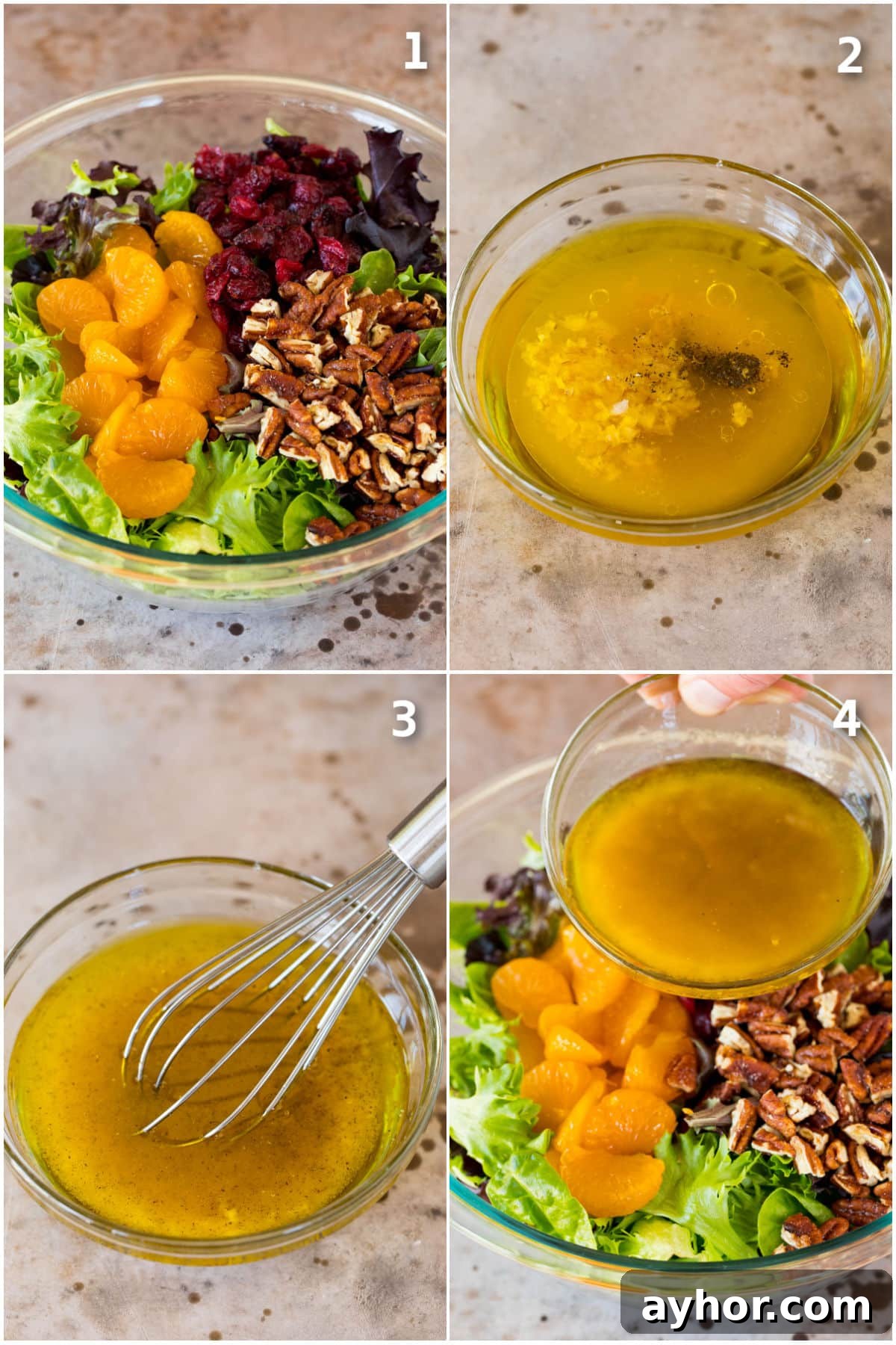 Step by step process shots showing how to make a mandarin orange salad.