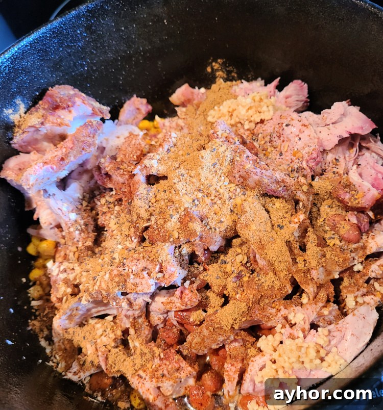 Seasoned pulled pork in dutch oven before adding liquids 