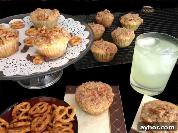 A bunch of pretzels muffins with milk.