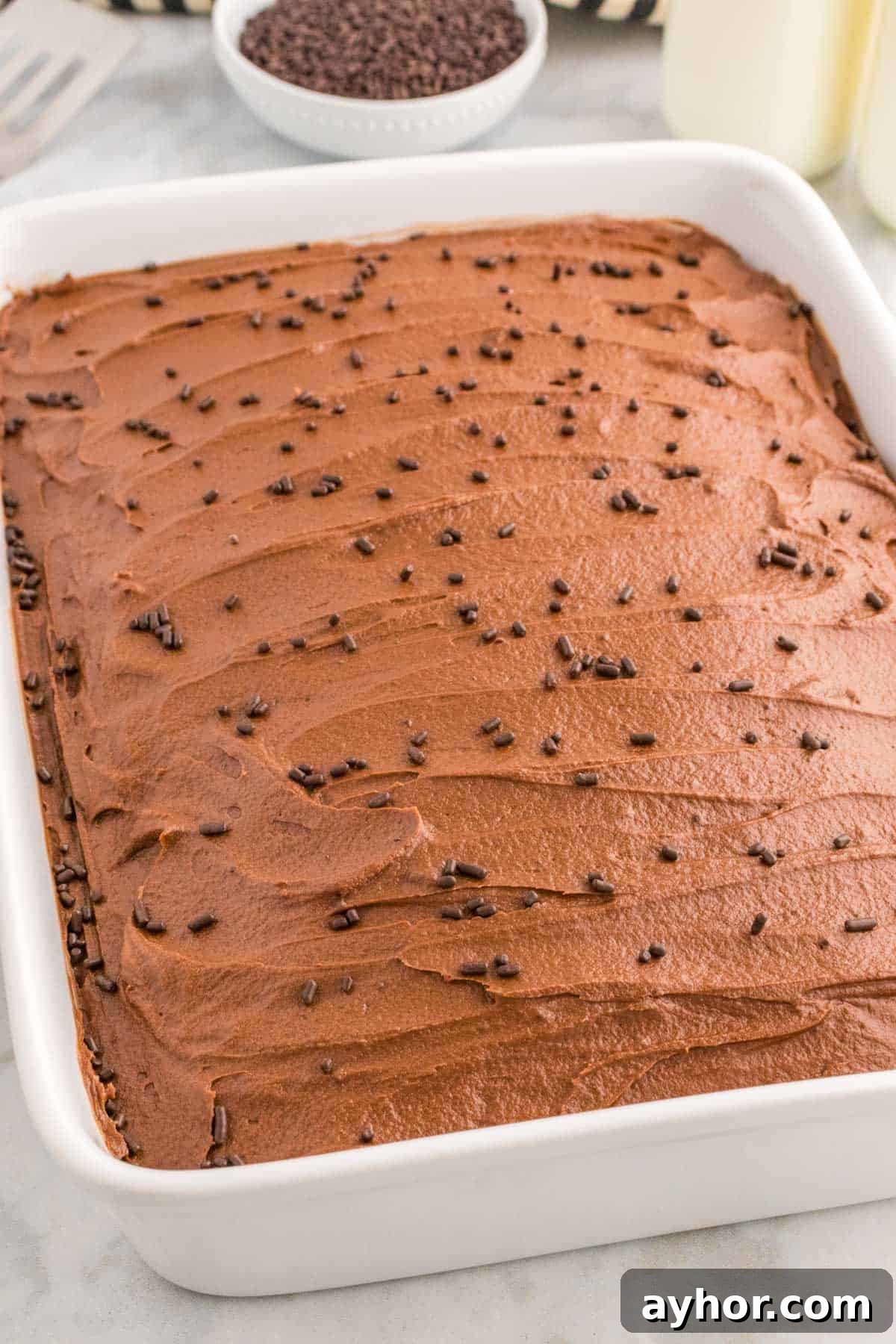 Silky Chocolate Buttercream Frosting Recipe for Cakes and Cupcakes 12 Chocolate cake in a rectangular white dish, topped with chocolate buttercream and sprinkles. A bowl of additional sprinkles is in the background.