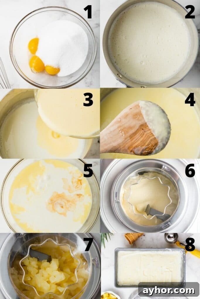a collage of 8 photos showing the steps to make pineapple ice cream