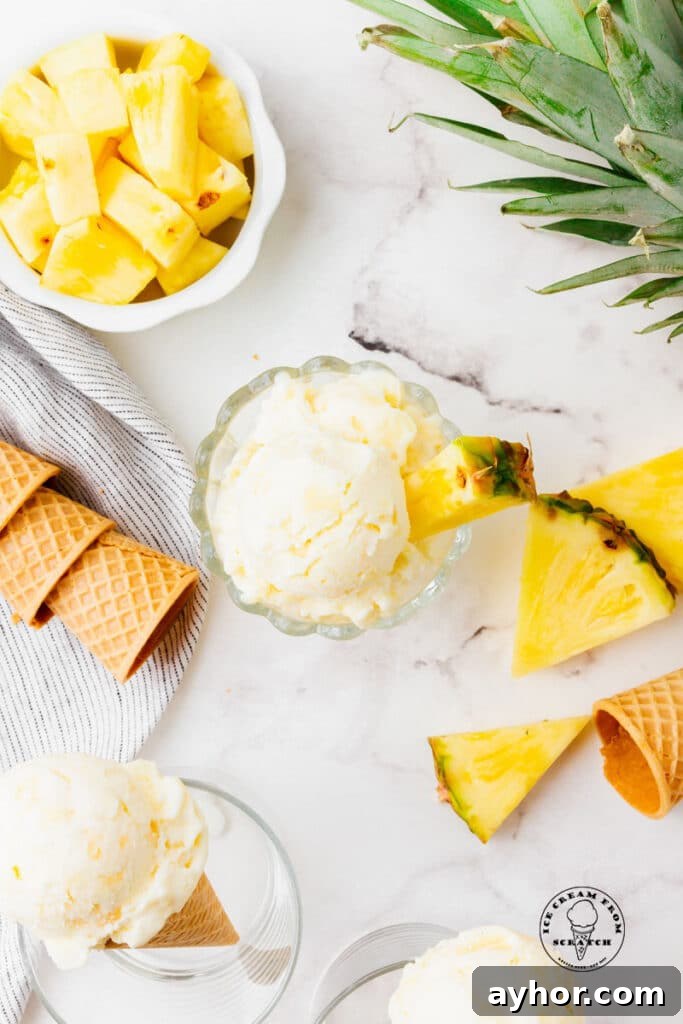 top down view of pineapple ice cream in a bowl