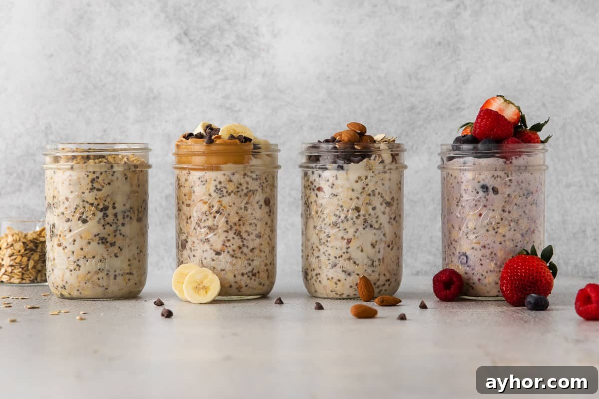 Four types of gluten-free overnight oats in Mason jars on a counter top