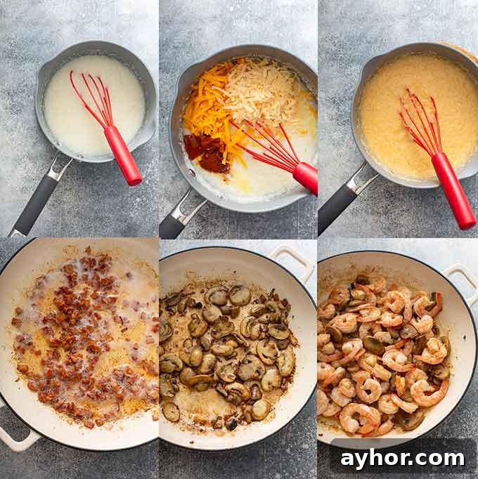 Cajun Shrimp and Grits: Creamy Southern Comfort Recipe 6 Photo collage of step by step photos on how to make Cajun shrimp and cheesy grits