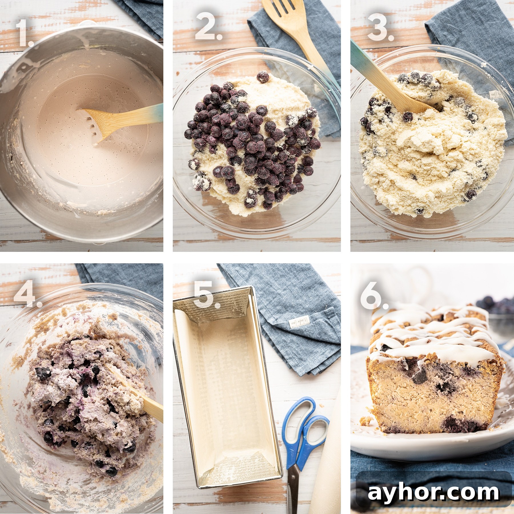 Low-Carb Keto Blueberry Bread with Zesty Lemon Drizzle 5 Step by step images of the ingredients being combined, then a picture of the finished low carb blueberry bread.
