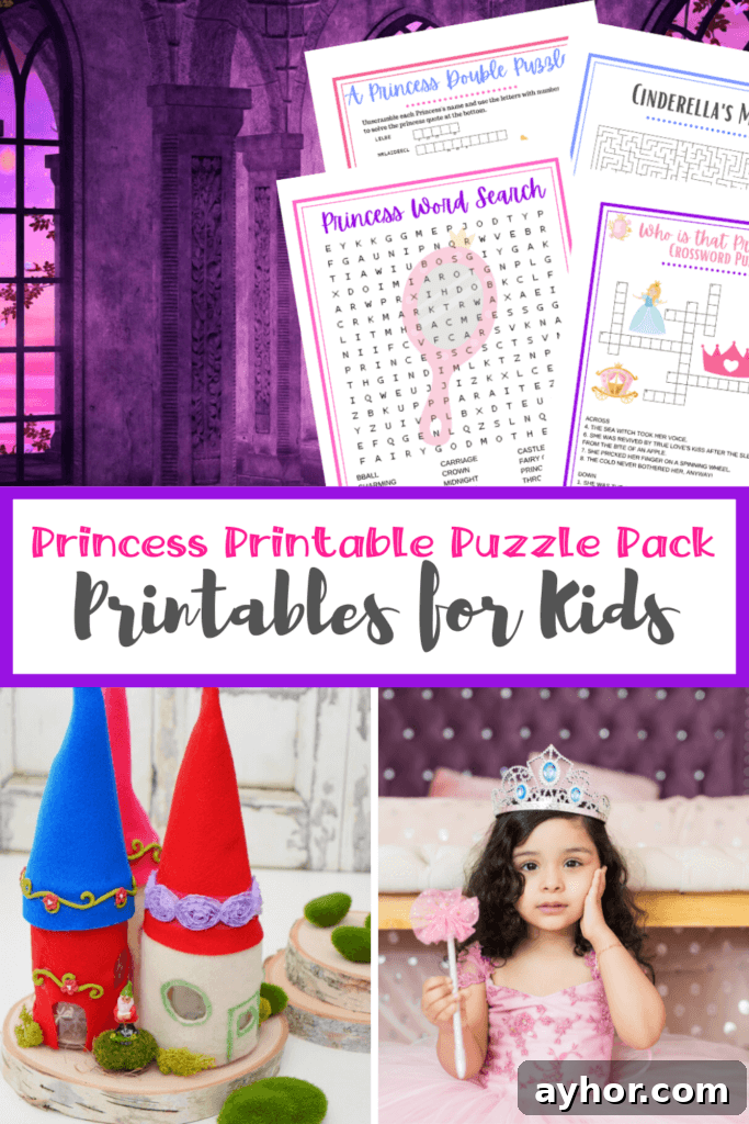 Printable Princess Puzzle Pack for Kids – Free Downloads 2 Title image collage with images of the free Kids Printable Princess Puzzle Pack with a picture of a little girl princess and fairy house mason jars.