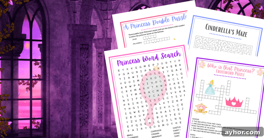 Printable Princess Puzzle Pack for Kids – Free Downloads 3 The four puzzles in this princess puzzle bundle on a purple background.
