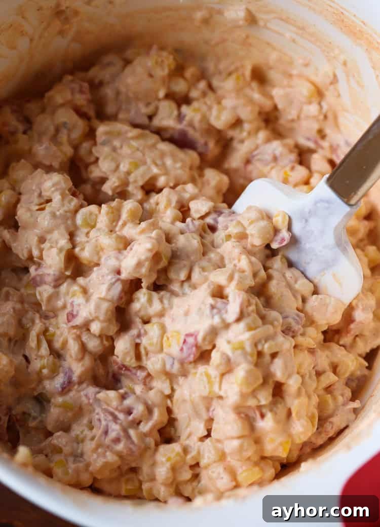 Warm and creamy hot corn dip is the ultimate party appetizer! It's baked until bubbly and delicious with chips, crackers, or veggies. A bowl of corn dip ingredients being stirred together with a spatula.
