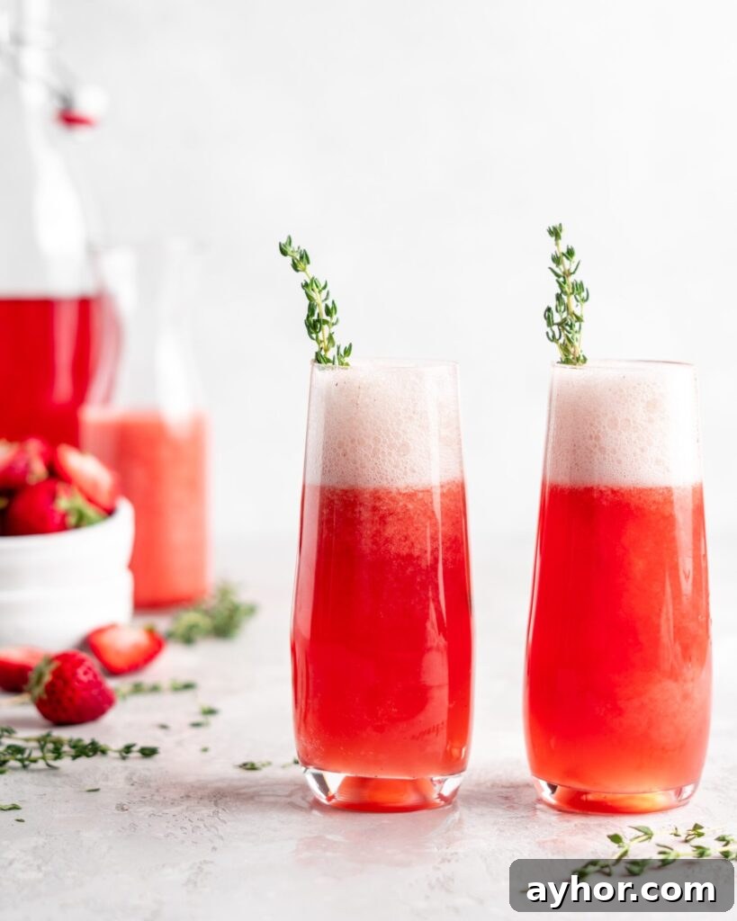 Bright red strawberry guava juice is mixed with sparkling rose wine in stemless champagne glasses to make Strawberry Guava Mimosa