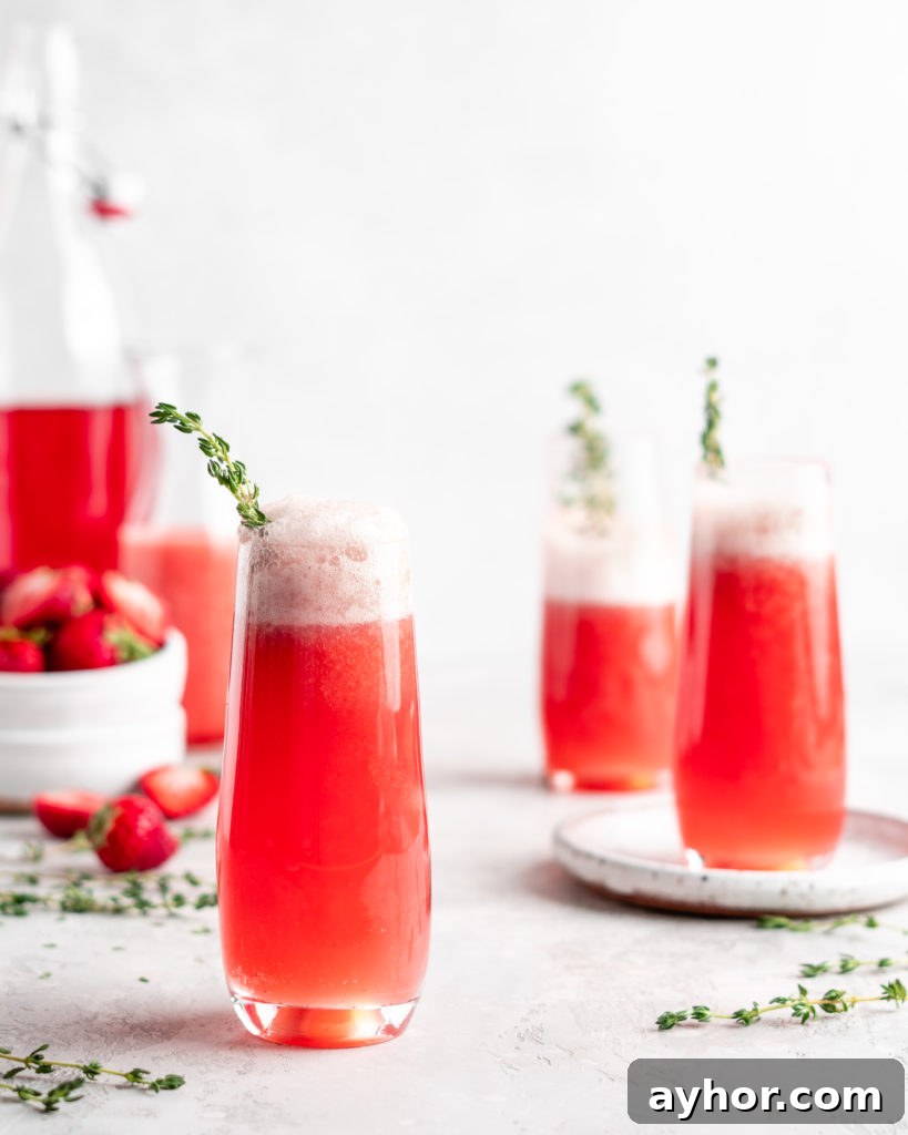 Bright red strawberry guava juice is mixed with sparkling rose wine in stemless champagne glasses to make Strawberry Guava Mimosa