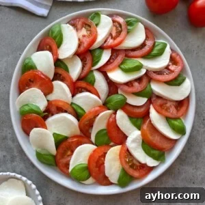 Classic Tomato Caprese Salad with Fresh Basil and Mozzarella 5 A plate of tomato caprese salad arranged in a circular pattern with alternating slices of fresh mozzarella, ripe tomatoes, and basil leaves on a gray surface.