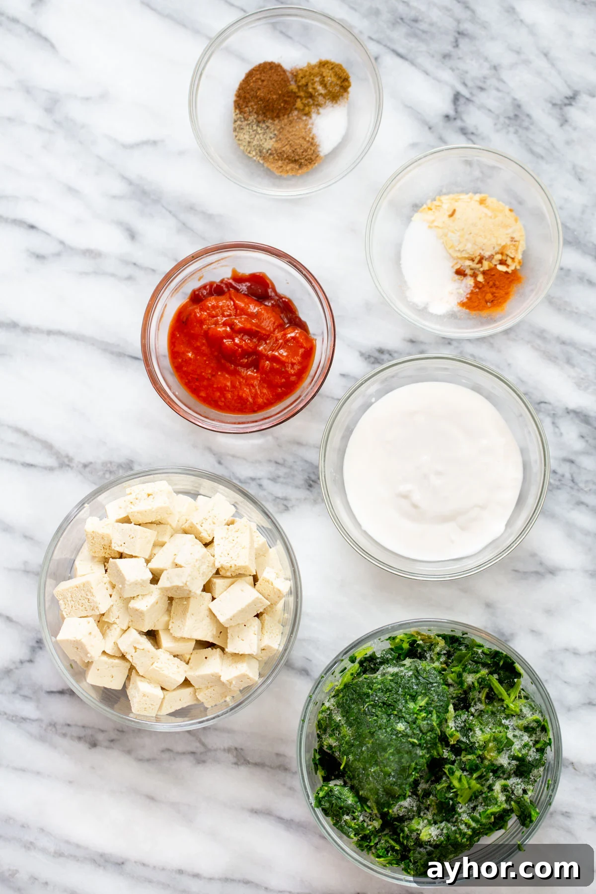 ingredients for making vegan spinach tofu curry 