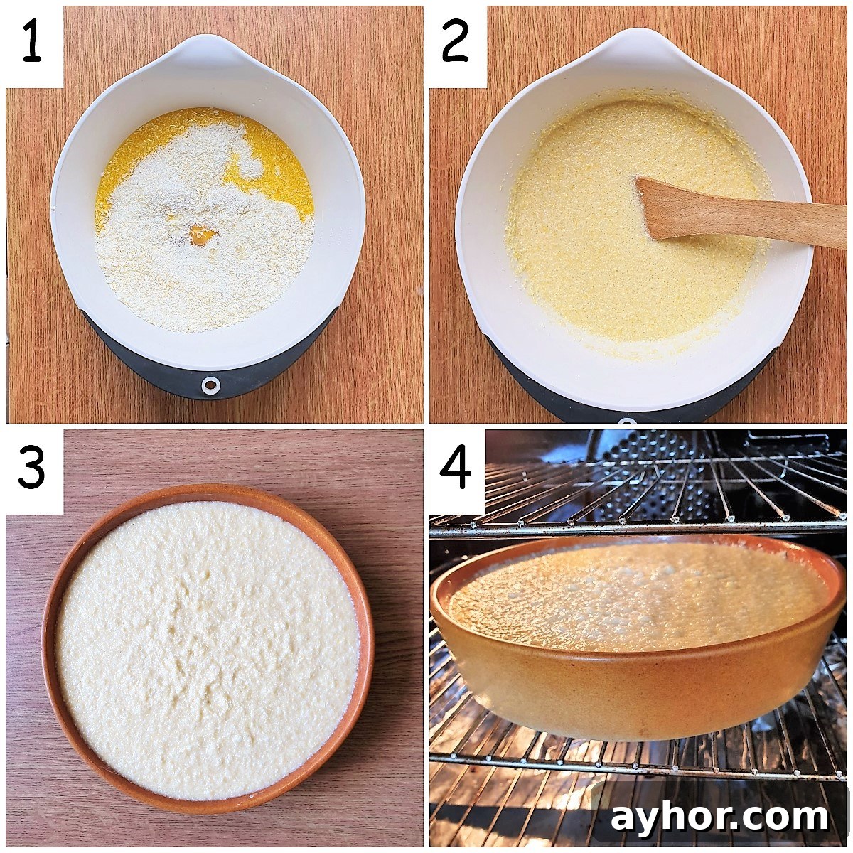Classic Coconut Cream Pie Recipe for Homemade Dessert 5 Collage of 4 images showing steps for mixing a coconut pie.