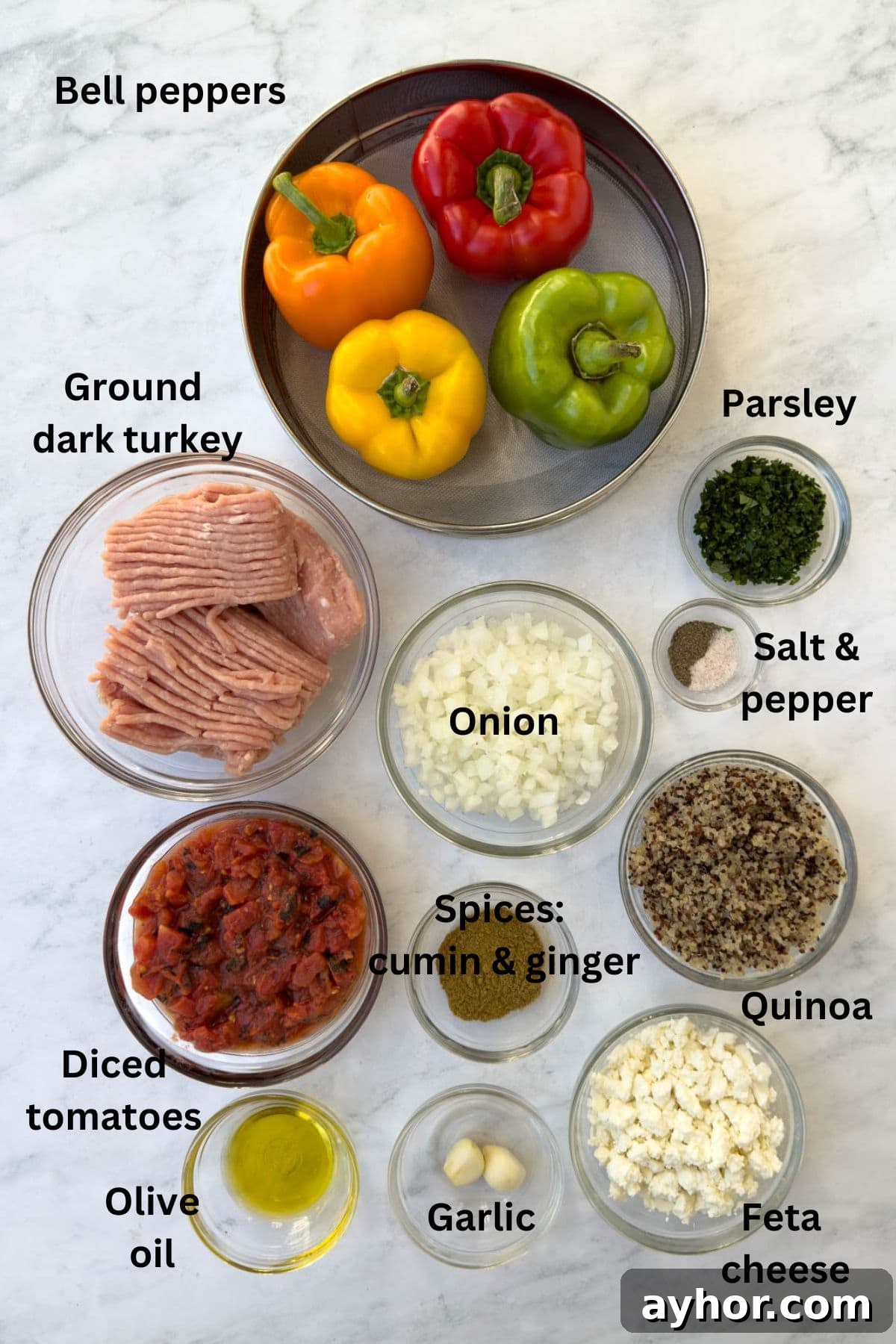 Ground Turkey Stuffed Peppers with Savory Tomato Rice 3 Ingredients for stuffed peppers with ground with turkey on the counter.