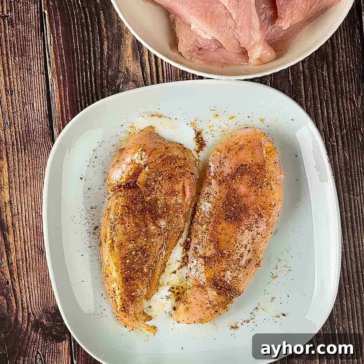 The chicken breasts coated  generously with dry rub.