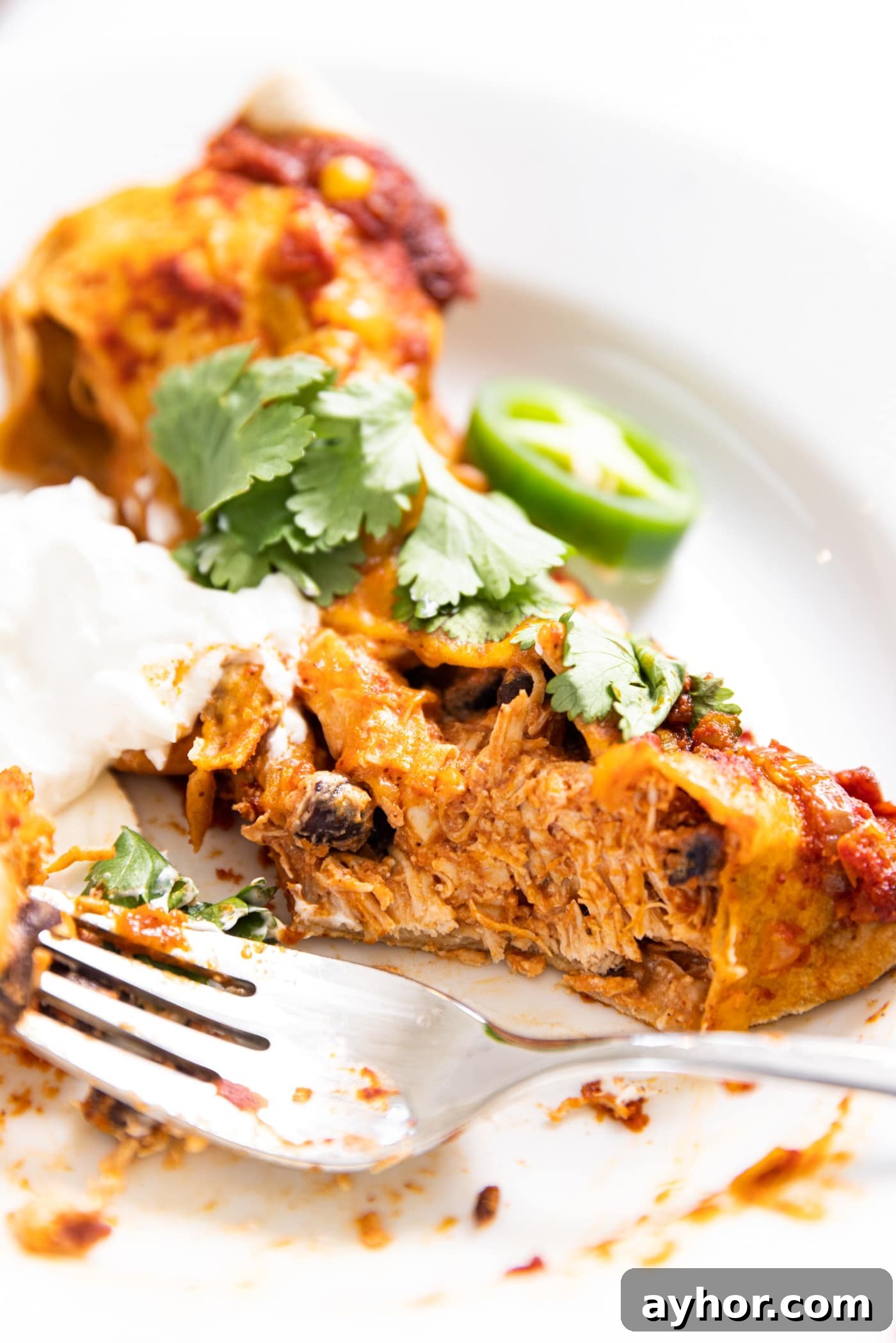 Creamy Chicken Enchiladas with Melted Cheese and Green Sauce 5 White plate with one chicken enchilada on top with fork spearing bite from taco with chicken interior showing
