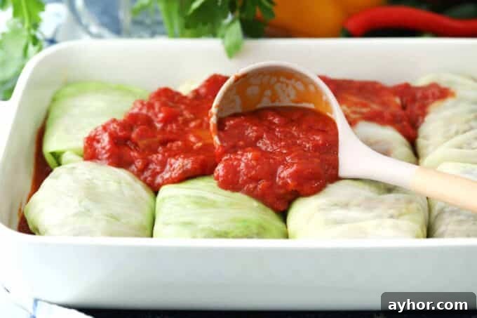 Comforting Stuffed Cabbage Rolls with Savory Tomato Sauce 11 topping cabbage rolls with tomato sauce in a baking dish