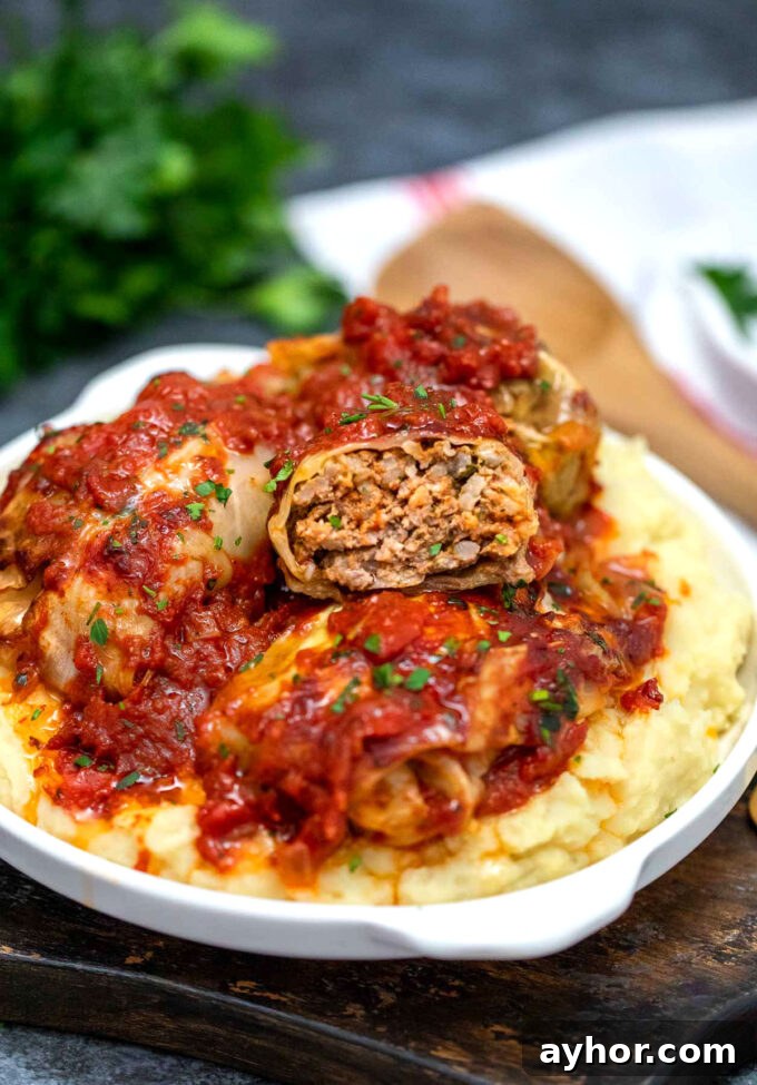 Comforting Stuffed Cabbage Rolls with Savory Tomato Sauce 14 stuffed cabbage rolls on top of mashed potatoes