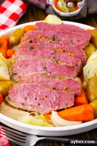 Sliced homemade slow cooker corned beef with carrot, cabbage and potatoes.