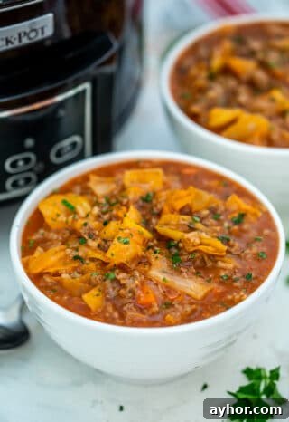 Slow Cooker Cabbage Roll Soup has all the flavors of cabbage rolls, without the fuss and effort!