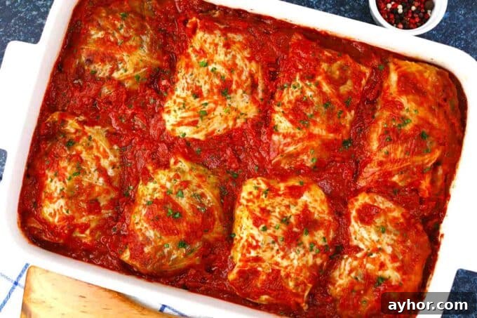 Comforting Stuffed Cabbage Rolls with Savory Tomato Sauce 3 stuffed cabbage rolls in tomato sauce in a casserole