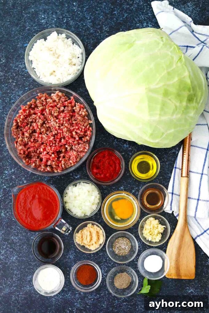 Comforting Stuffed Cabbage Rolls with Savory Tomato Sauce 5 stuffed cabbage rolls ingredients in bowls on a table