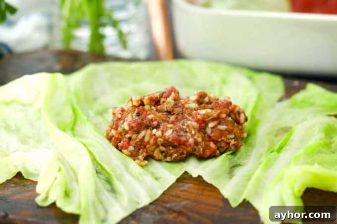 Comforting Stuffed Cabbage Rolls with Savory Tomato Sauce 10 adding beef and rice mixture to a cabbage leaf