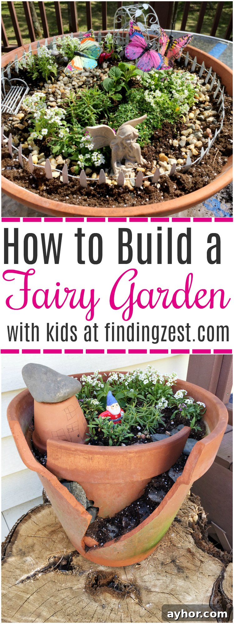 Learn how to build a fairy garden with kids in clay pots. This kids activity is a great opportunity to teach about plants while having fun! Learn how to make both styles including a fairy garden scene with butterflies and a gnome house with broken pot rock steps.