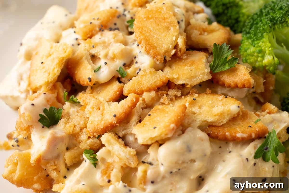 Poppy seed chicken on a white plate.